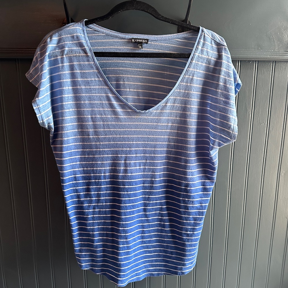 Express Light Blue Striped Short Sleeve Top
